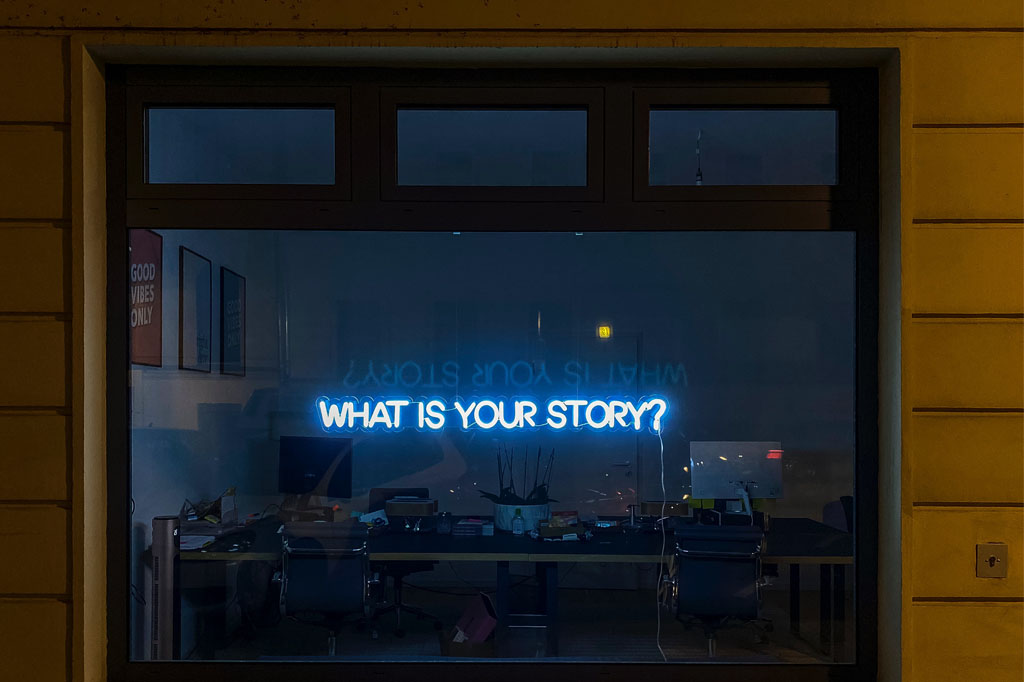 powerful words what's your story neon sign